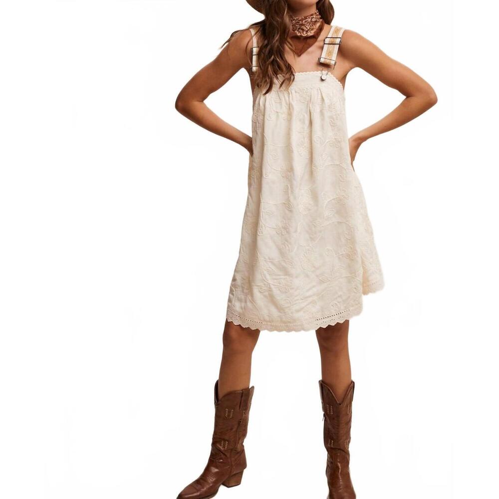 NEW LISTICLE arya embroidered overall mini dress in cream - Picture 5 of 7